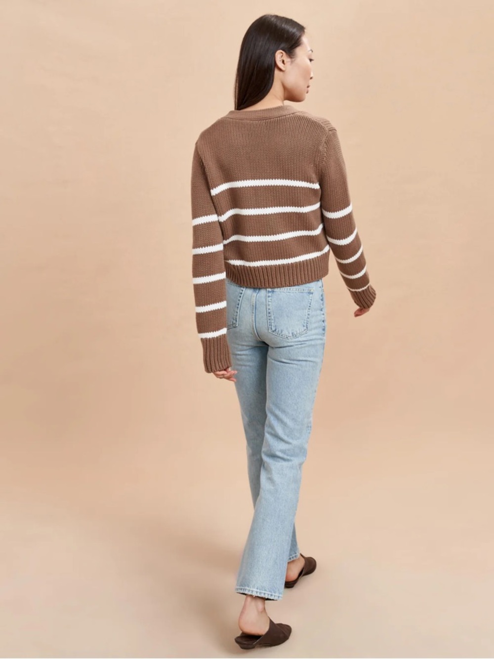 LA LIGNE Mini Marina Chunky Knit Cardigan Sweater Tan Cream Stripe Small - Picture 2 of 7